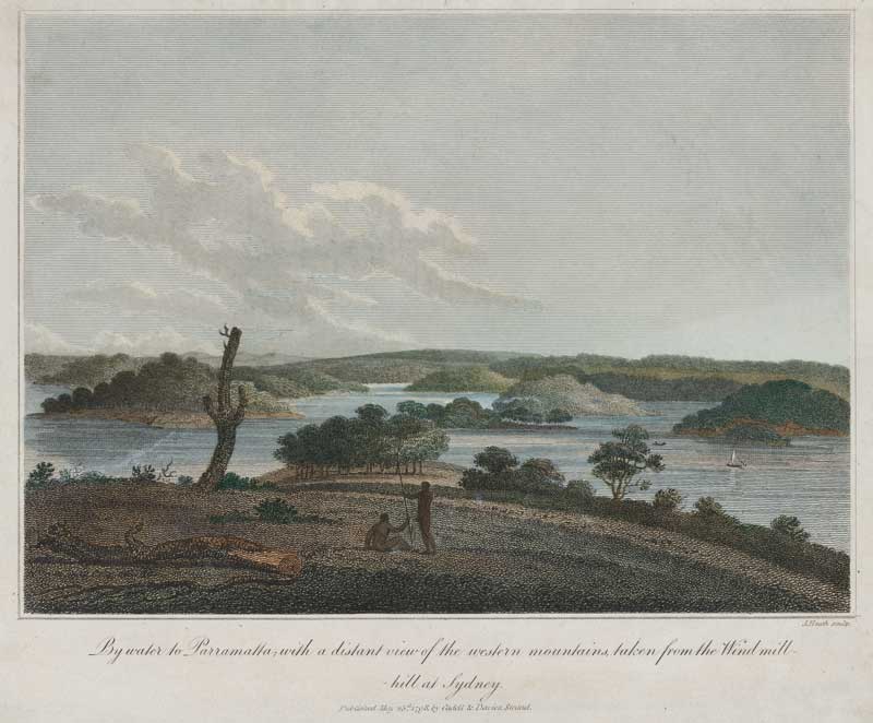 J. Heath, By water to Parramatta, with a distant view of the western mountains, taken from the Windmill-hill at Sydney