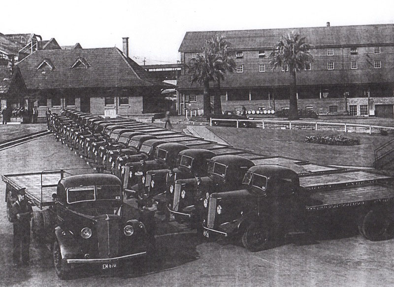 Fleet of Morris commercial 5-ton trucks in Refinery Square 1939